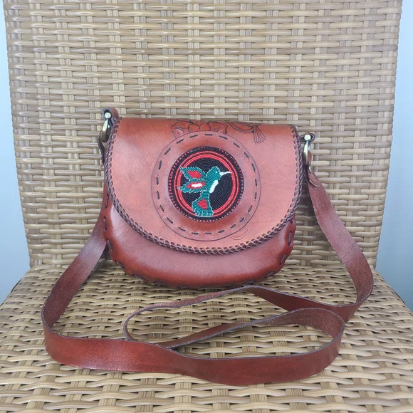 Handcrafted Brown Leather Crossbody Bag Beaded Embossed Humming Bird Design - Picture 1 of 16